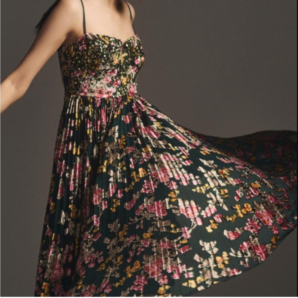 Anthropologie Pink and Green Spaghetti Strap Midi Dress